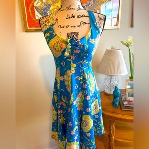 Nine West Floral paisley Print Fit & Flare Dress teal blue Buttons @neck